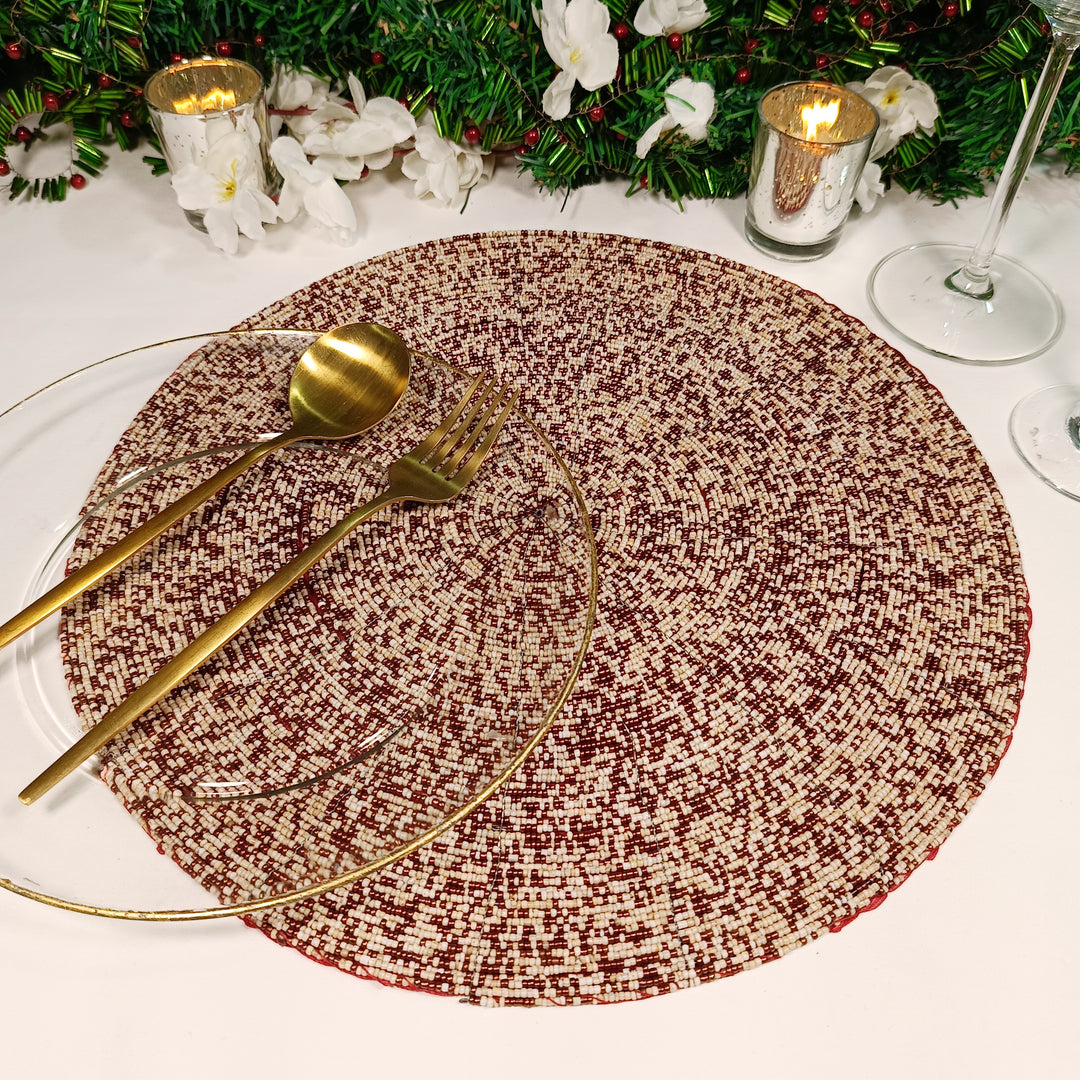 Glass Beaded Placemat in  Red & Cream, Set of 2