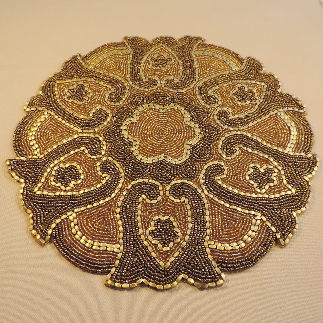 Glass Bead Embroidered Placemats, Chargers / Set of 2 / 14in. Round / Antique Gold