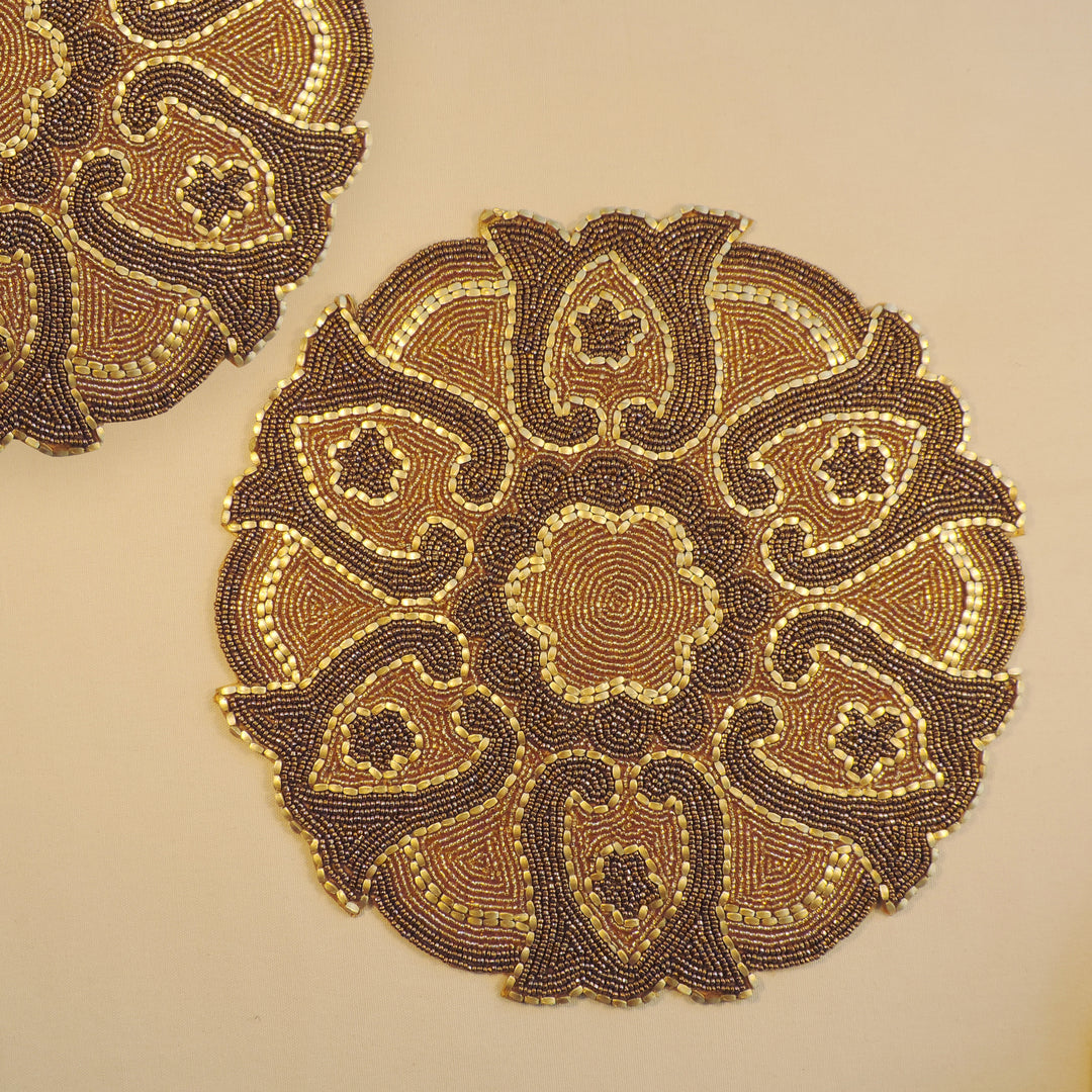 Glass Bead Embroidered Placemats, Chargers / Set of 2 / 14in. Round / Antique Gold