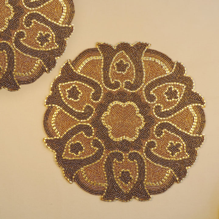 Glass Bead Embroidered Placemats, Chargers / Set of 2 / 14in. Round / Antique Gold