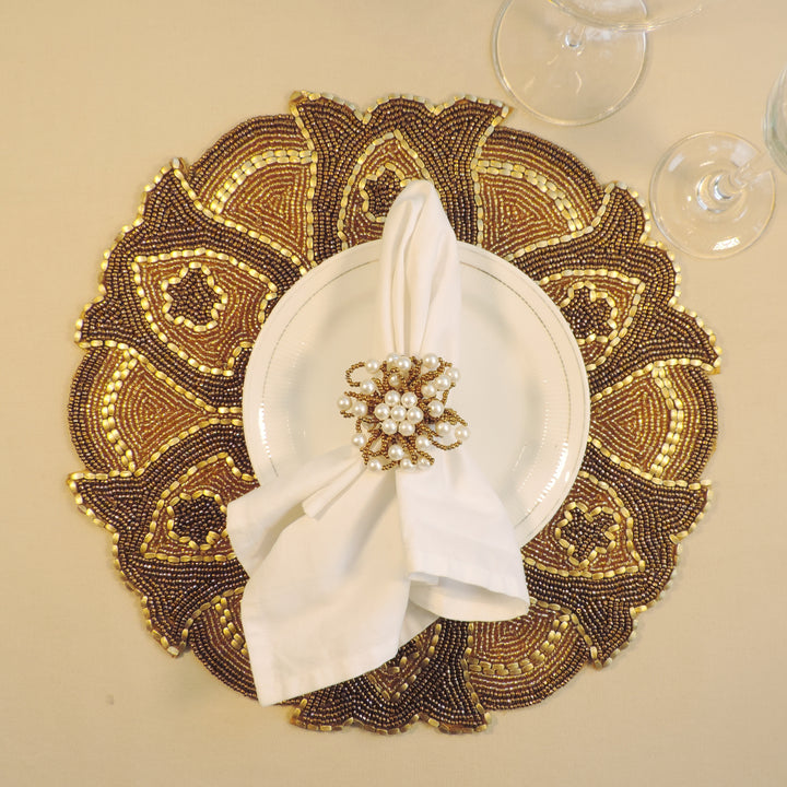 Glass Bead Embroidered Placemats, Chargers / Set of 2 / 14in. Round / Antique Gold