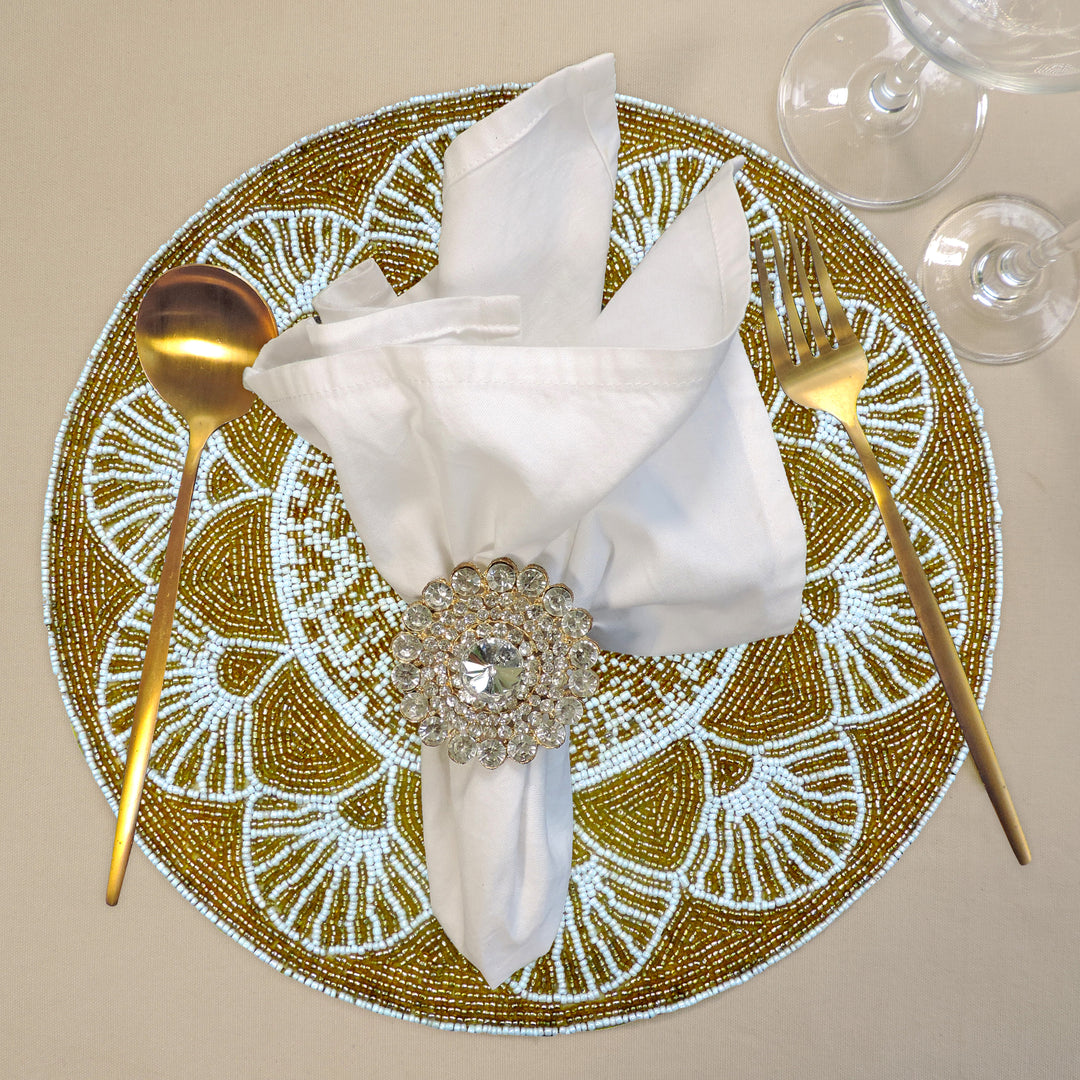 Glass Bead Embroidered Placemats, Chargers/ 14 inch Round/ set of 2 / Gold