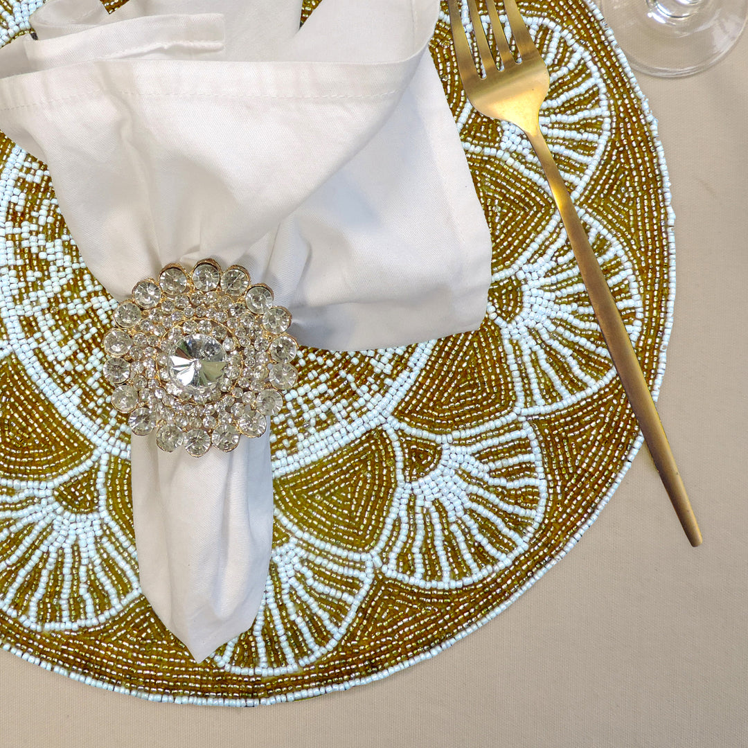 Glass Bead Embroidered Placemats, Chargers/ 14 inch Round/ set of 2 / Gold