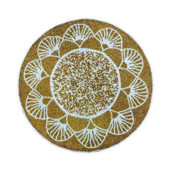 Glass Bead Embroidered Placemats, Chargers/ 14 inch Round/ set of 2 / Gold