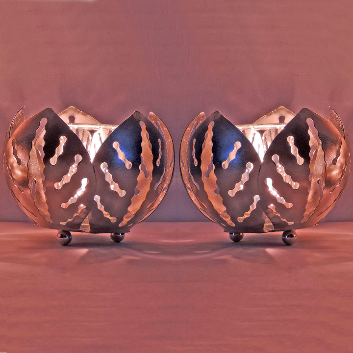 Noor Collection - Decorative Lotus Shape Set of 2 Votives with Tea light Holder - Silver