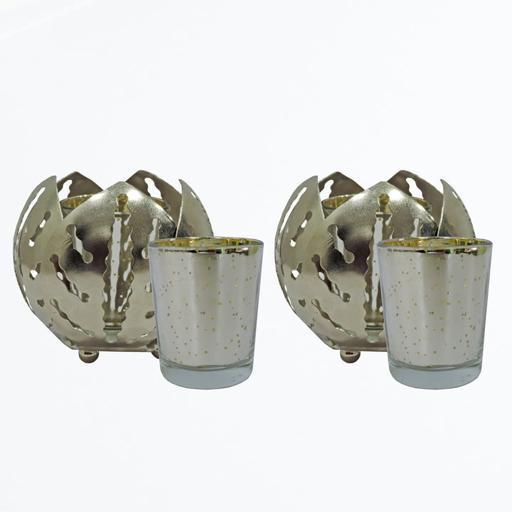 Noor Collection - Decorative Lotus Shape Set of 2 Votives with Tea light Holder - Silver