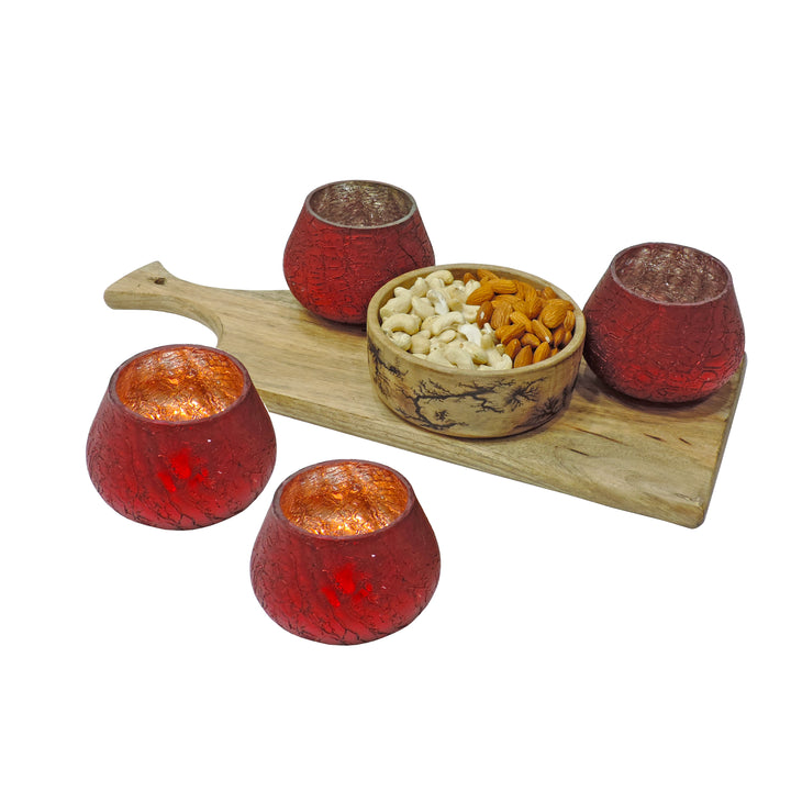 Ainaa Collection - Set of 2 Red Glass Votive with Chopping board & Crackle Bowl