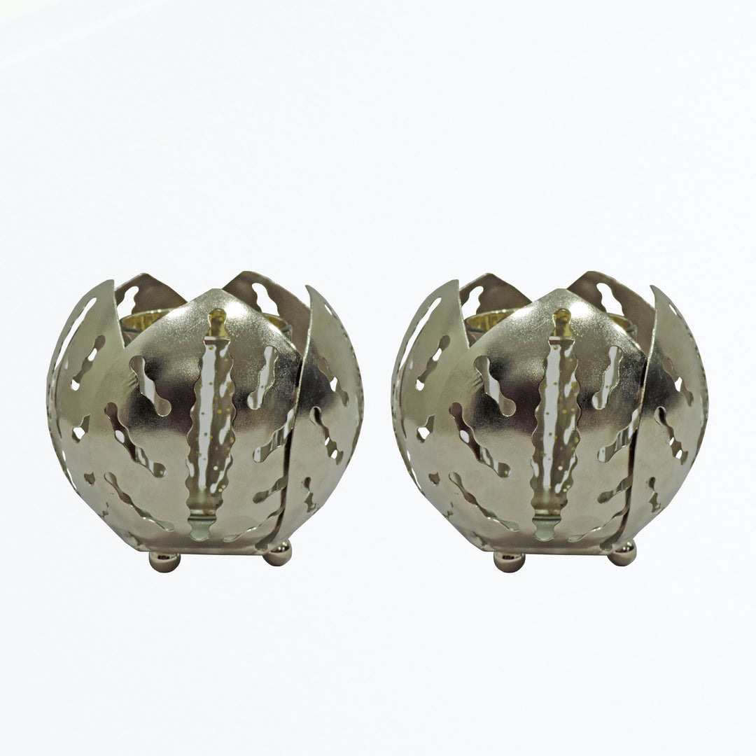 Noor Collection - Decorative Lotus Shape Set of 2 Votives with Tea light Holder - Silver