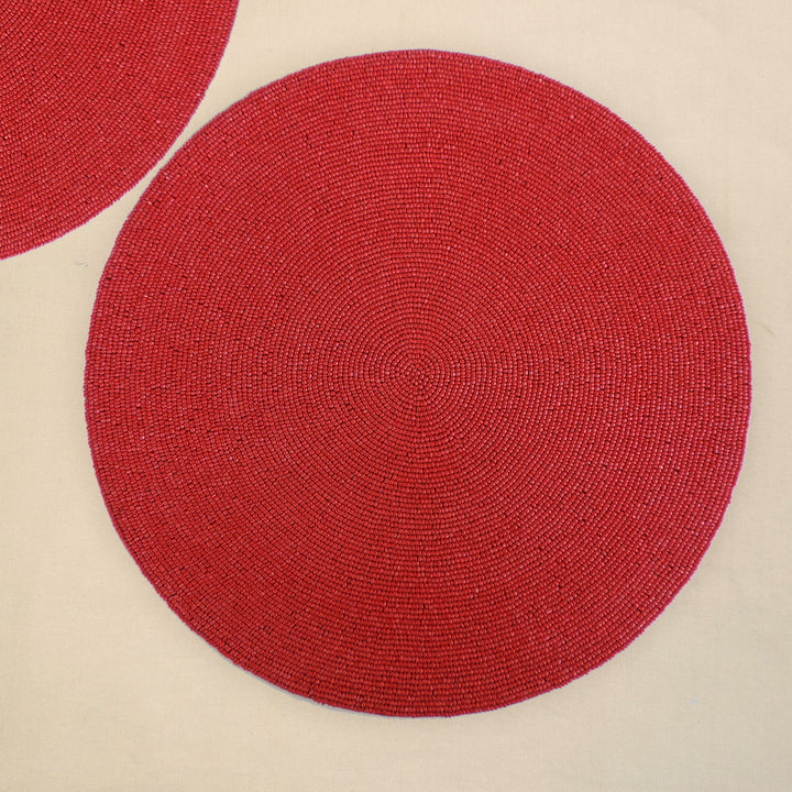 Glass Bead Embroidered Placemats, Chargers / Set of 2 / 14in. Round / Red