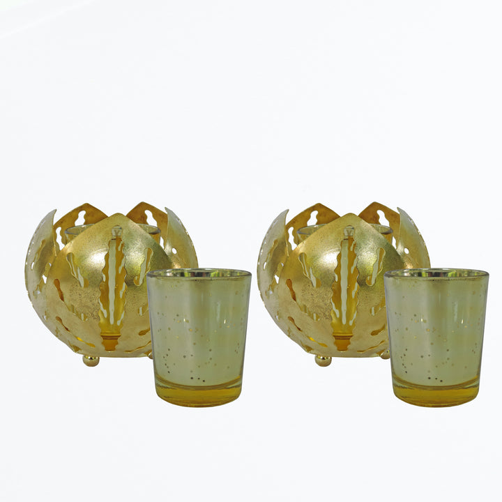 Noor Collection - Decorative Lotus Shape Set of 2 Votives with Tea light Holder - Gold