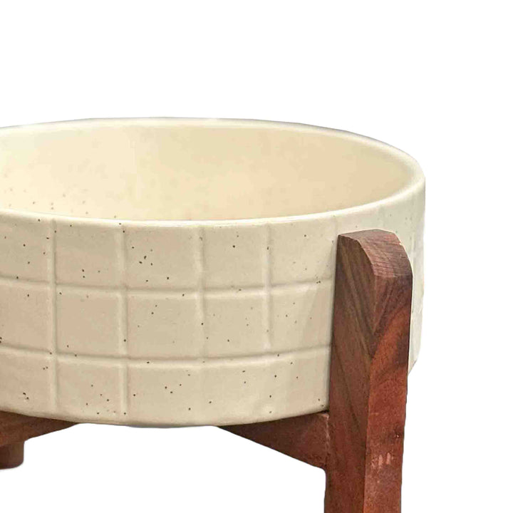 Cream Ceramic bowl with wood stand - 8x5 inch