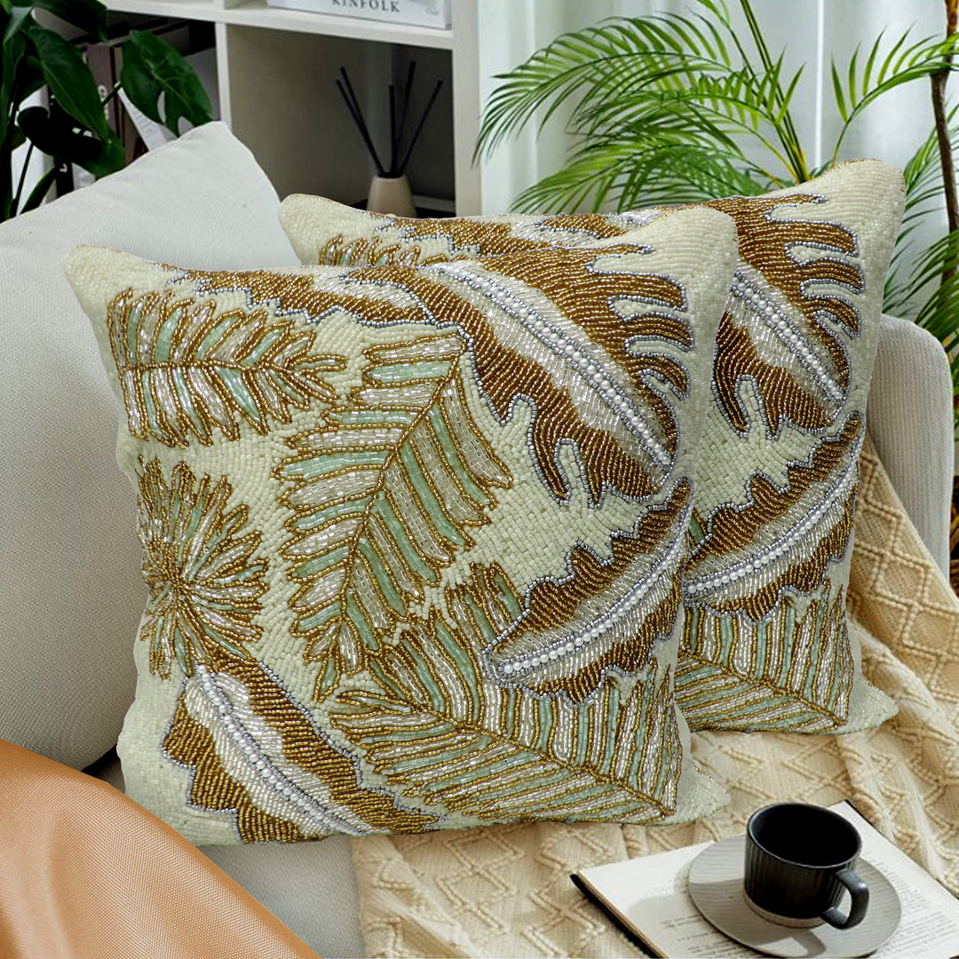 Embroidered Square Cushion Covers for Sofa Home Bedroom - Cream & Gold