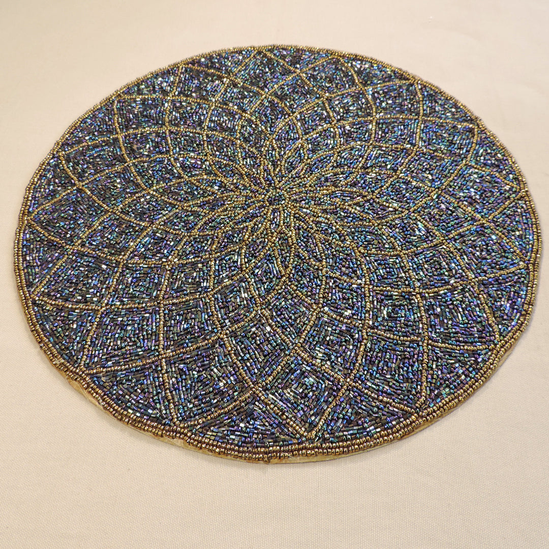 Glass Bead Embroidered Placemats, Chargers / Set of 2 / 14in. Round / Blue