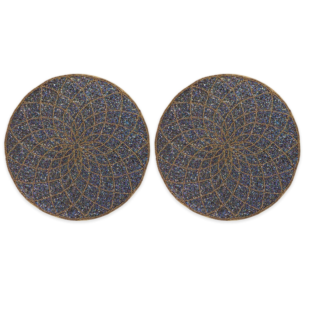 Glass Bead Embroidered Placemats, Chargers / Set of 2 / 14in. Round / Blue