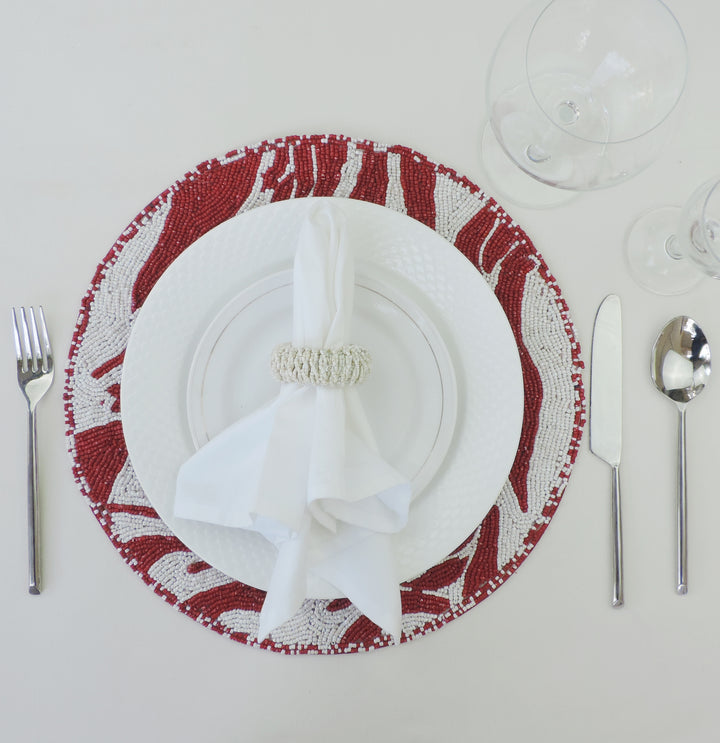 Embroidered Placemat / 14" / Set of 2 / White & Red