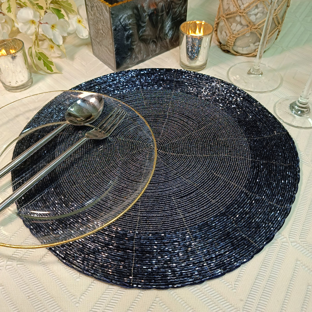 Glass Beaded Placemat in  Luster Blue Set of 2