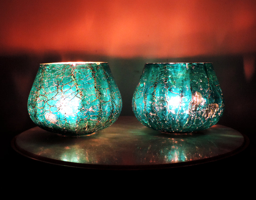 Ainaa Collection - Set of 2 Glass Votive with a Decorative tray - Turquoise