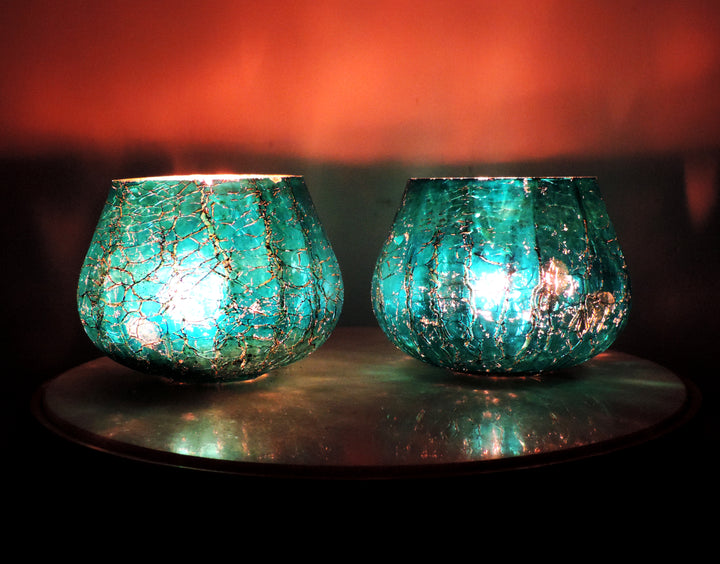 Ainaa Collection - Set of 2 Glass Votive with a Decorative tray - Turquoise