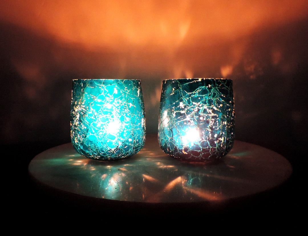 Ainaa Collection - Set of 2 Glass Votive with a Decorative tray - Turquoise