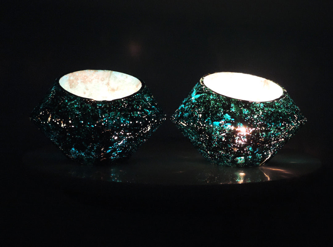 Ainaa Collection - Set of 2 Glass Votive with a Decorative tray - Turquoise