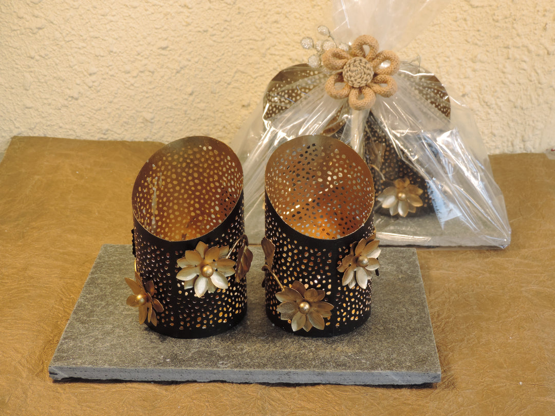 Noor Collection - Set of 2 Votives on a decorative trays - Black & Gold