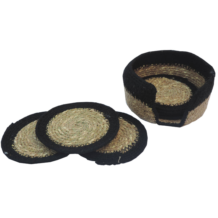 Black & Natural Jute Coaster with Holder set of 6 - 4"