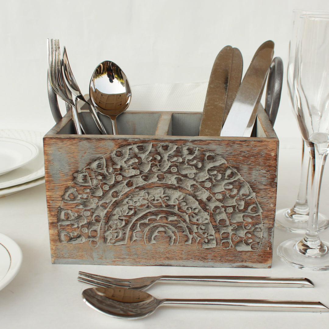 Trunkin' Wooden Sculpted Cutlery Holder / Grey Wash / 8"*8"*5"