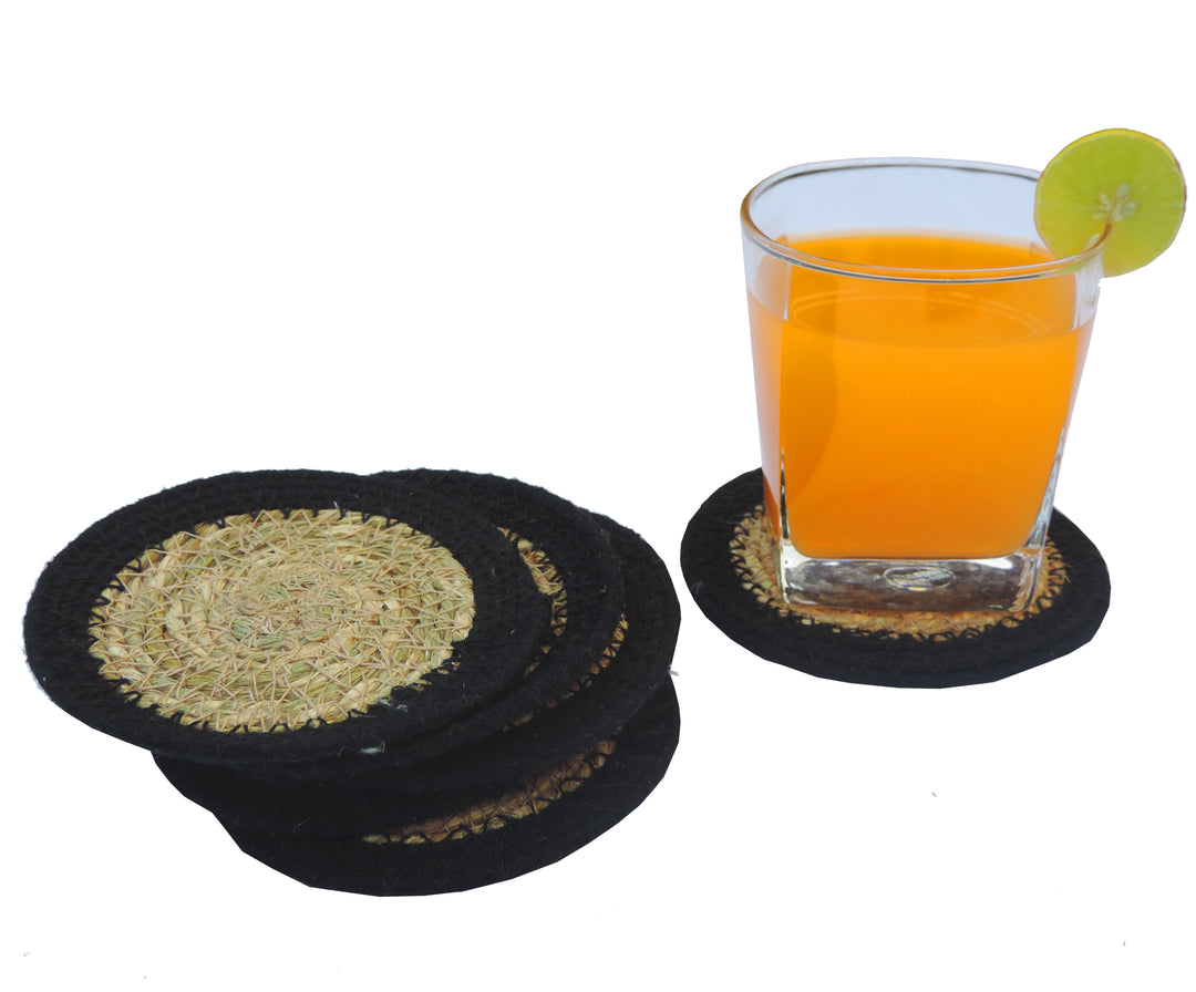 Black & Natural Jute Coaster with Holder set of 6 - 4"