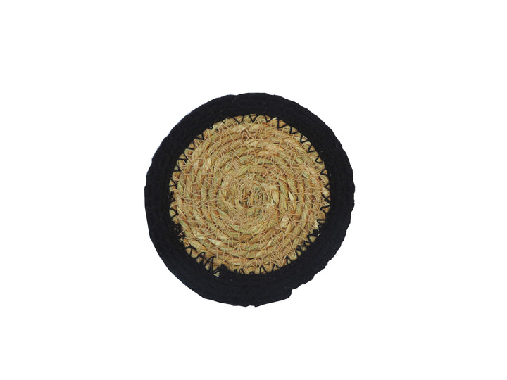 Black & Natural Jute Coaster with Holder set of 6 - 4"