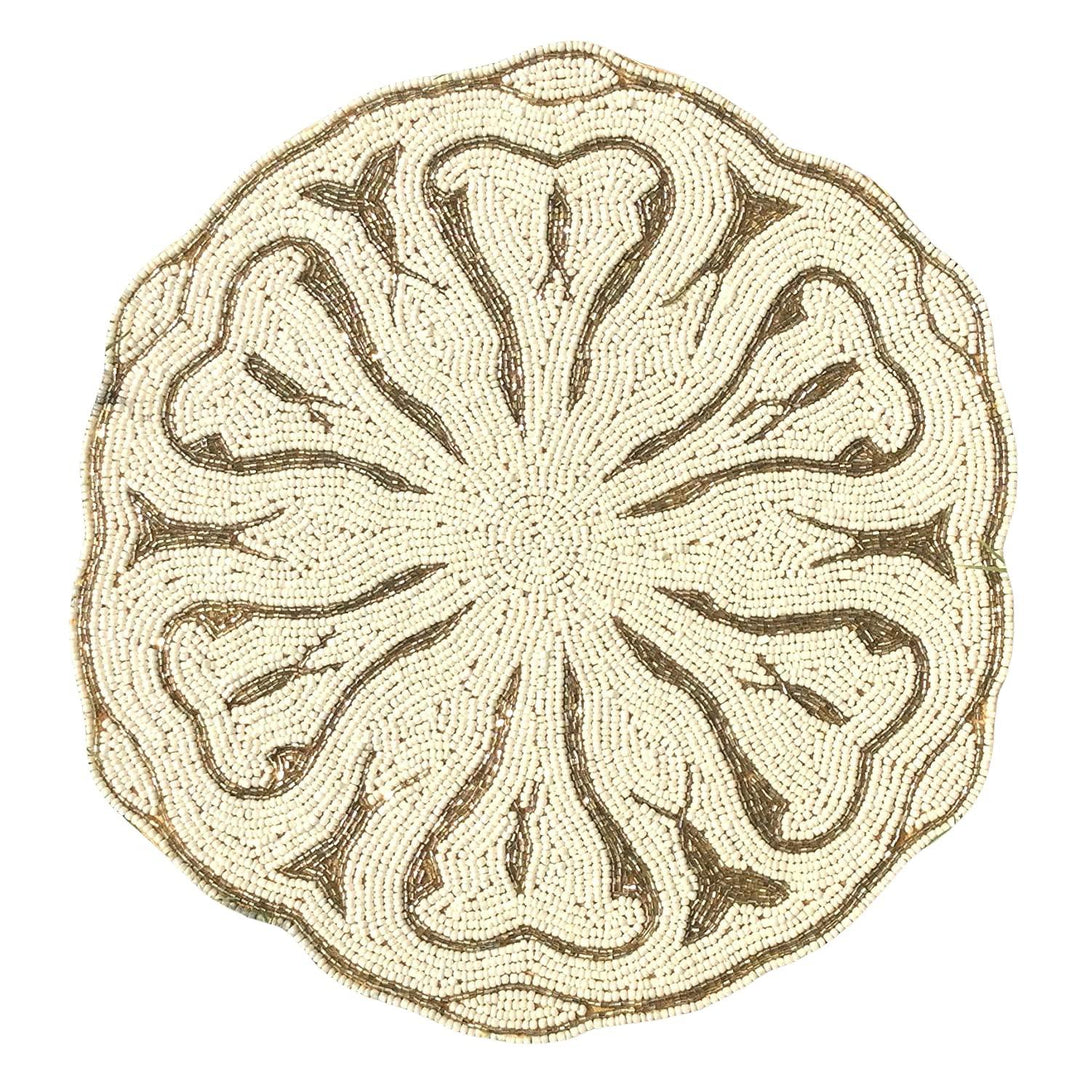 Glass Bead Embroidered Placemats, Chargers / Set of 2 / 14in. Round / Cream & Gold - trunkin.in