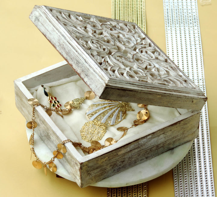 Wooden Jewellery Box with Carving - 25*25*10 CM