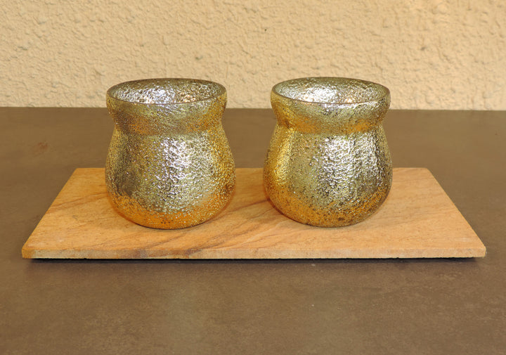 Ainaa Collection - Set of 2 Glass Votive with a Decorative tray - Gold