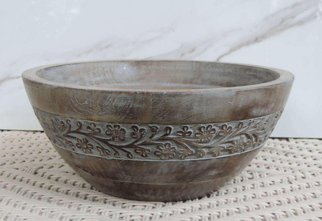 Rustic Salad Bowl Flower with Grey wash- 11.5"x5" Inch