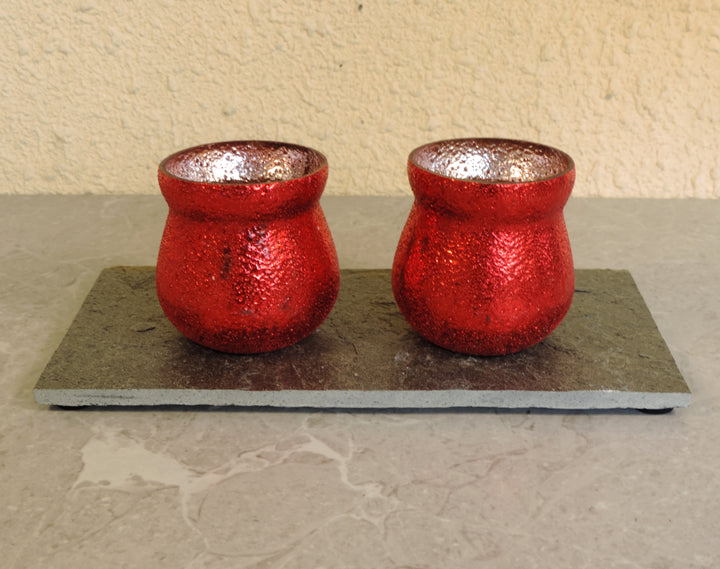 Ainaa Collection - Set of 2 Glass Votive with a Decorative tray -  Red