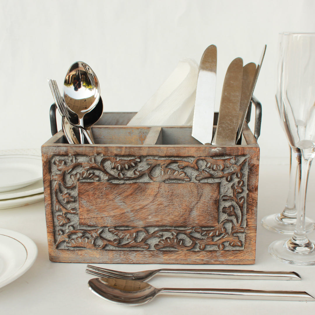 Wooden Cutlery Holder / Grey wash / 20*20*13 cm