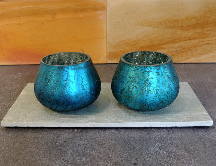 Ainaa Collection - Set of 2 Glass Votive with a Decorative tray - Turquoise