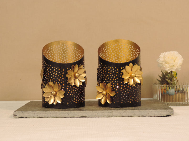 Noor Collection - Set of 2 Votives on a decorative trays - Black & Gold