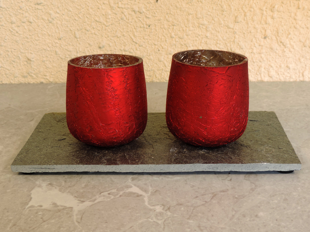 Ainaa Collection - Set of 2 Glass Votive with a Decorative tray -  Red