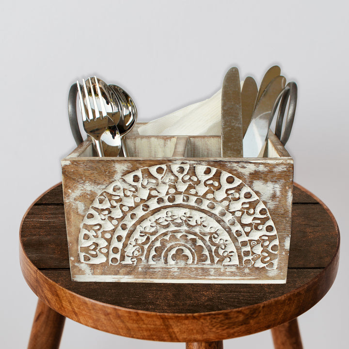 Trunkin' Wooden Sculpted Cutlery Holder / White Wash / 8"*8"*5"