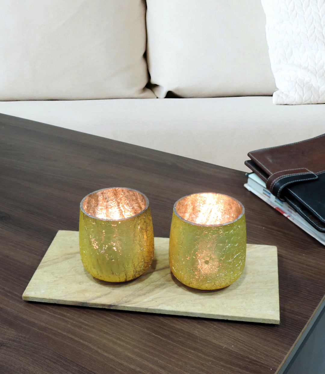 Ainaa Collection - Set of 2 Glass Votive with a Decorative tray - Gold