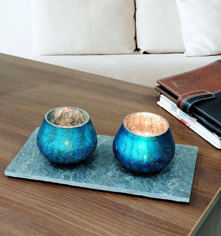 Ainaa Collection - Set of 2 Glass Votive with a Decorative tray - Turquoise