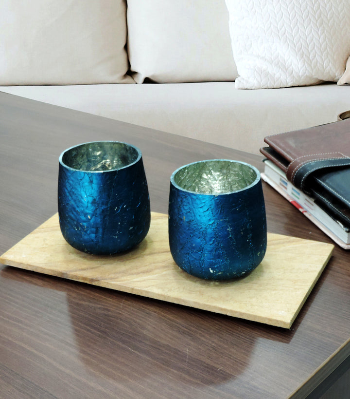 Ainaa Collection - Set of 2 Glass Votive with a Decorative tray - Turquoise