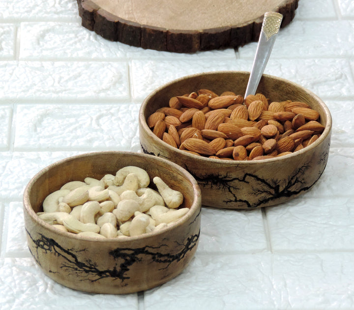 Wooden Natural Crackle Serving Bowls Set of 2 5"x2"/6"x2"