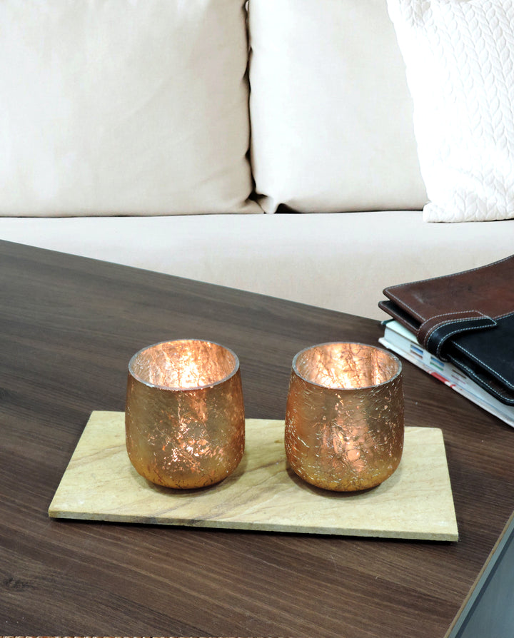 Ainaa Collection - Set of 2 Glass Votive with a Decorative tray -  Copper