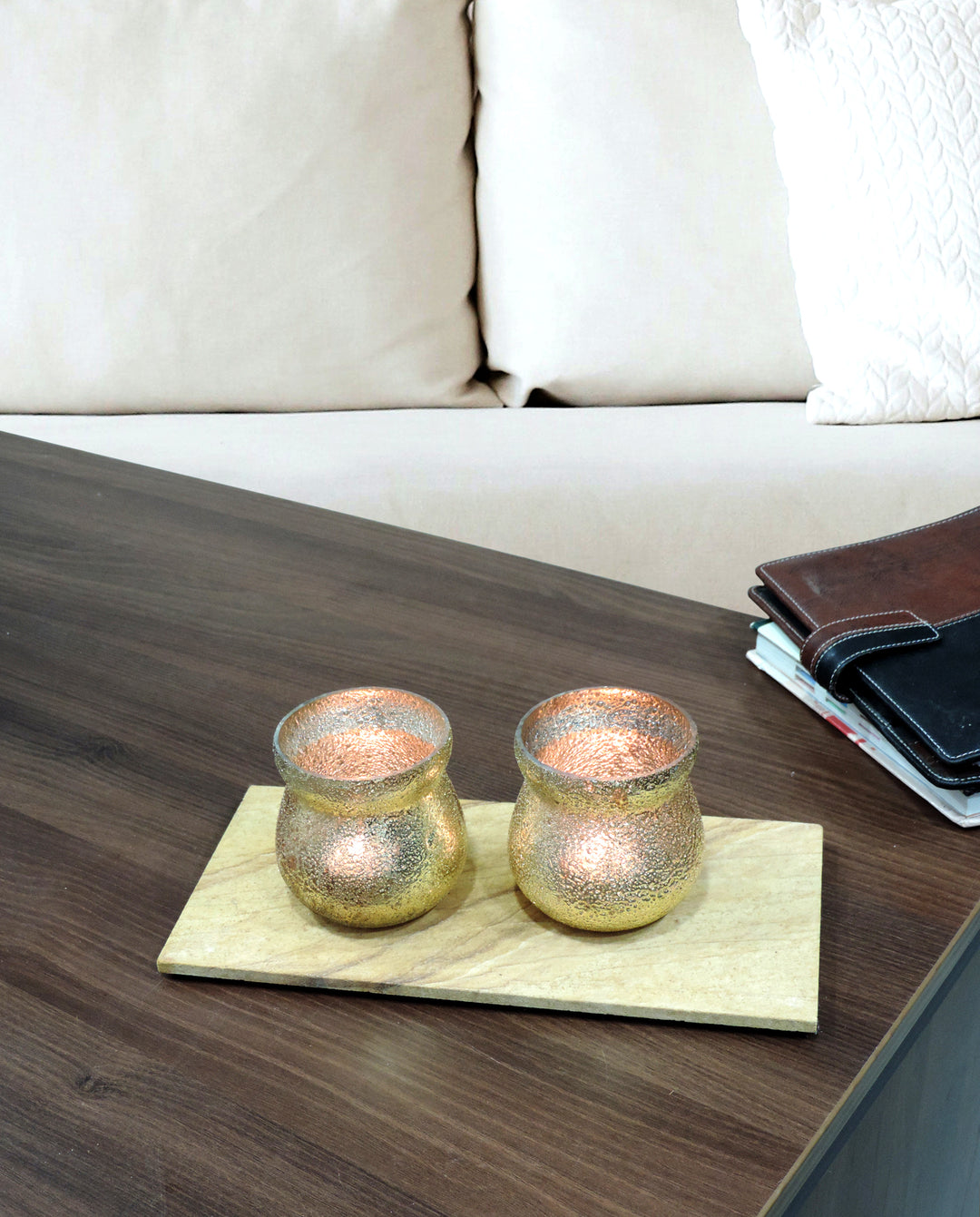 Ainaa Collection - Set of 2 Glass Votive with a Decorative tray - Gold