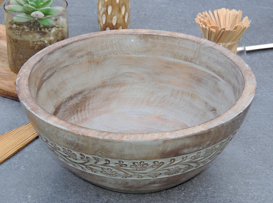 Rustic Salad Bowl Flower with Grey wash- 11.5"x5" Inch