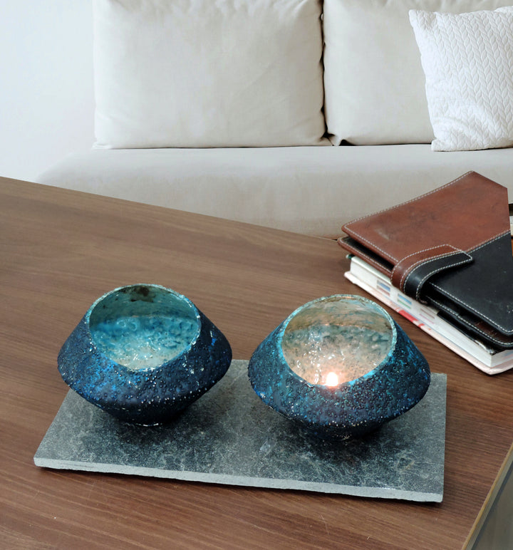 Ainaa Collection - Set of 2 Glass Votive with a Decorative tray - Turquoise