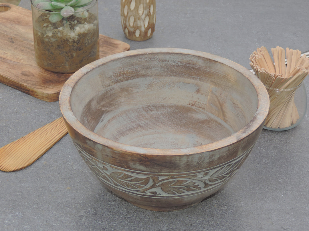 Rustic Salad Bowl Leaf with Grey wash- 10"x5" Inch