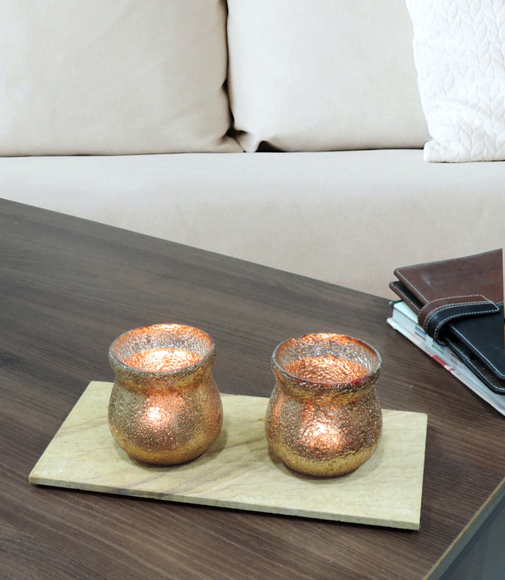 Ainaa Collection - Set of 2 Glass Votive with a Decorative tray -  Copper