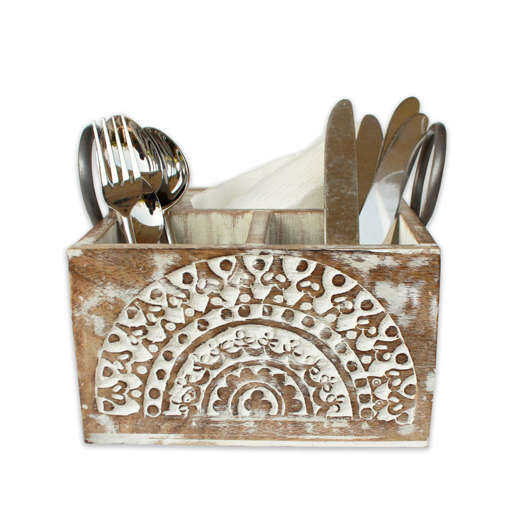 Trunkin' Wooden Sculpted Cutlery Holder / White Wash / 8"*8"*5"